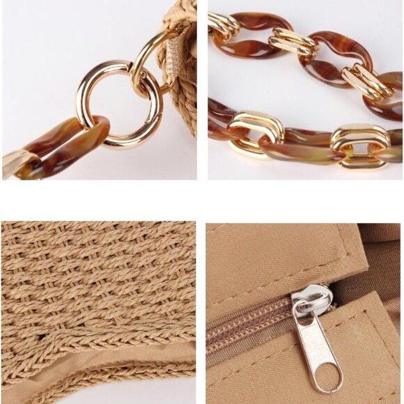 Stylish Women's Straw Shoulder Bag with Unique Acrylic Chain - Summer Essential - Picture 4 of 7